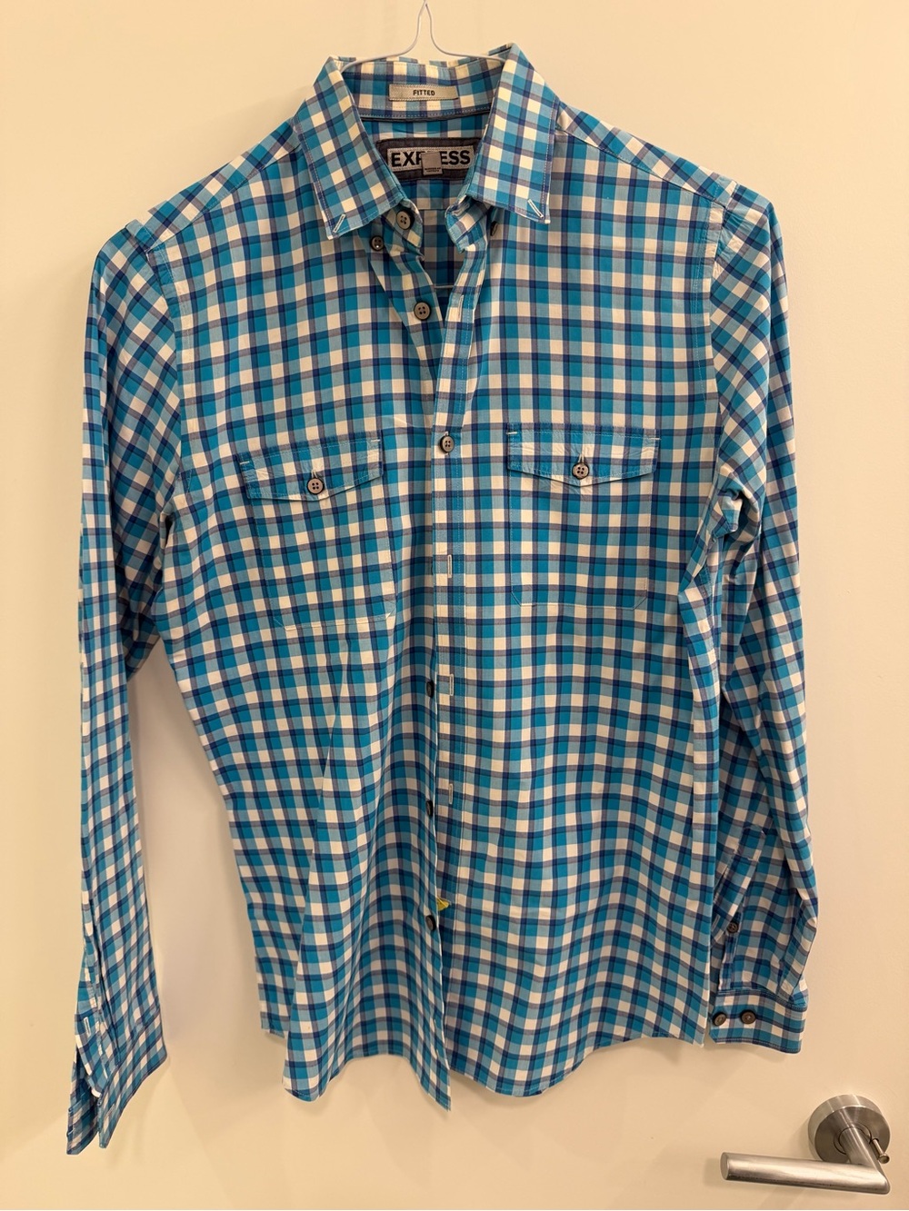 Express Men’s Teal and White Plaid Button-Down Shirt